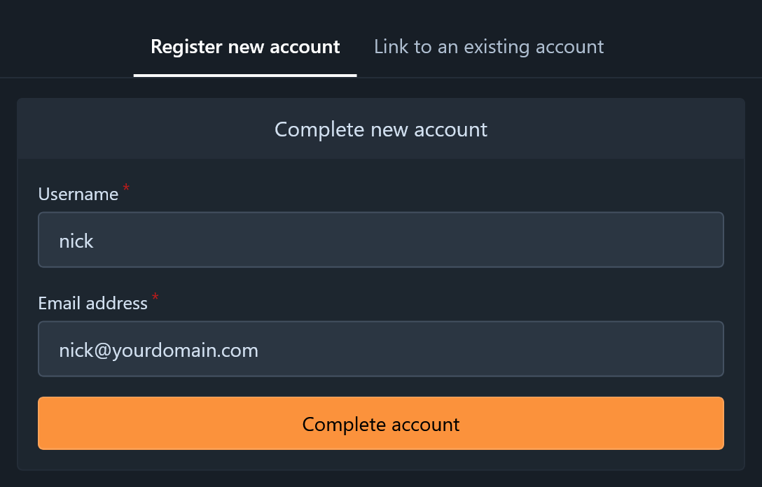 Complete New Account Dialog Screenshot of Forgejo's Complete New Account dialog