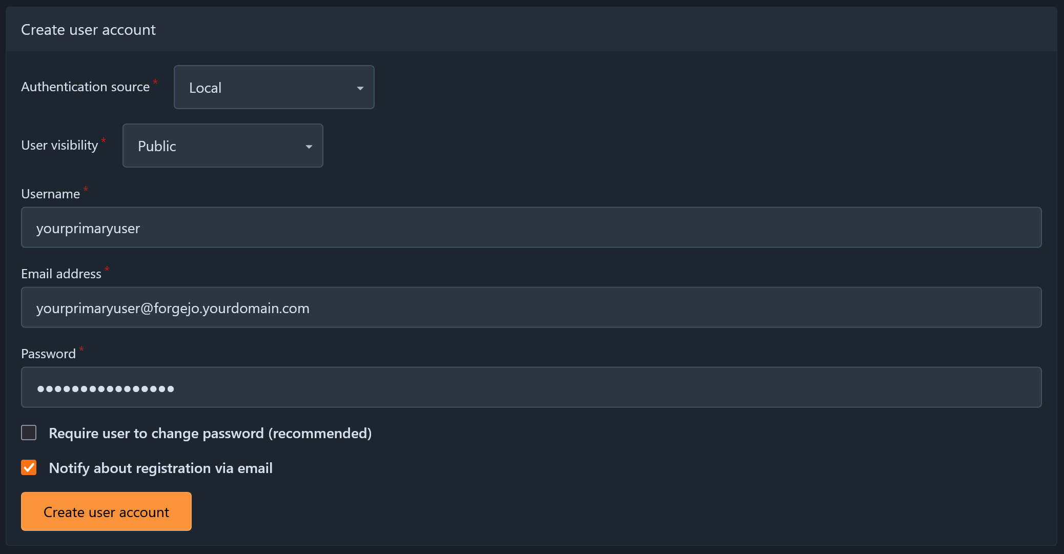 Create User Account Screenshot of the Create User Account Dialog in the Admin Panel