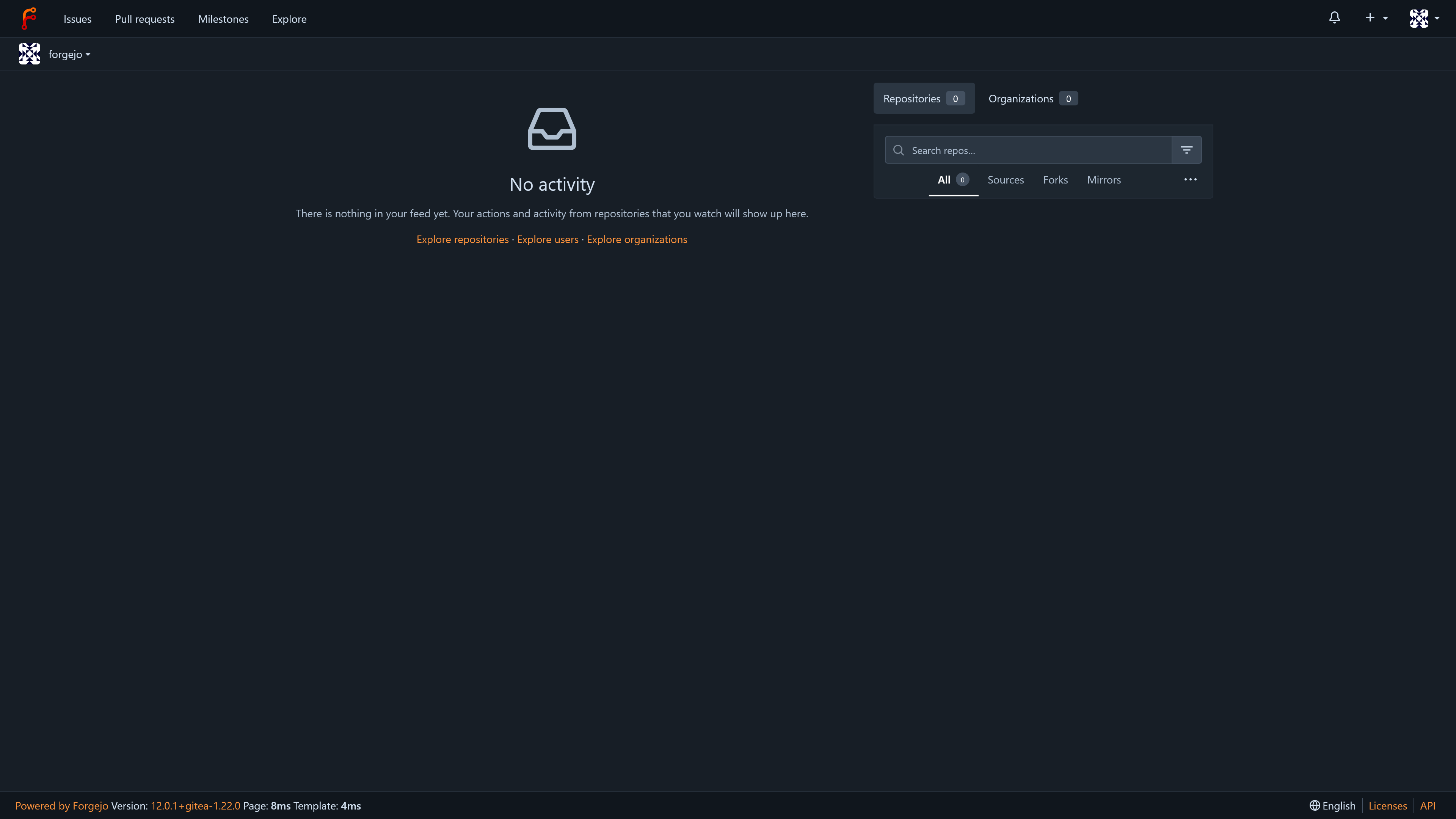 Empty Dashboard Screenshot of the Initial Empty Forgejo Dashboard