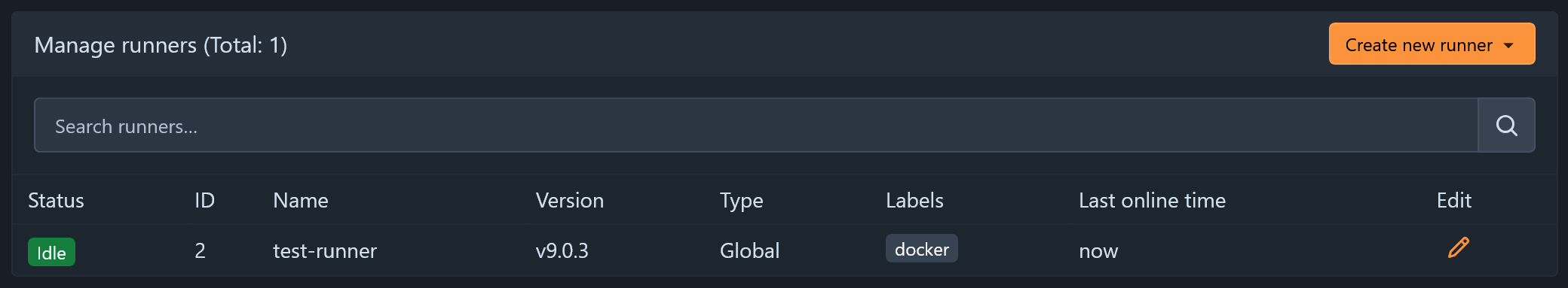 Idle Runner Screenshot of an available runner in the Forgejo Admin Panel