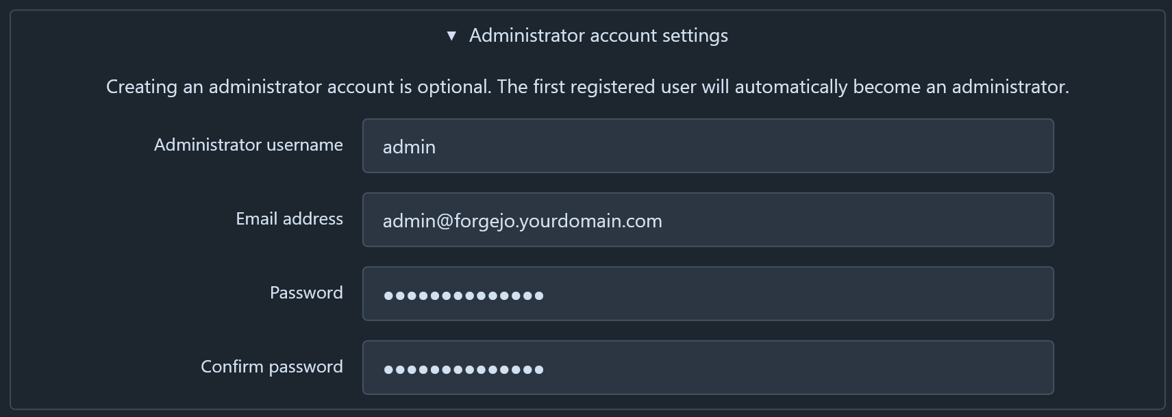 Administrator Account Settings Screenshot of the Forgejo Setup Wizard Server Administrator Account Settings