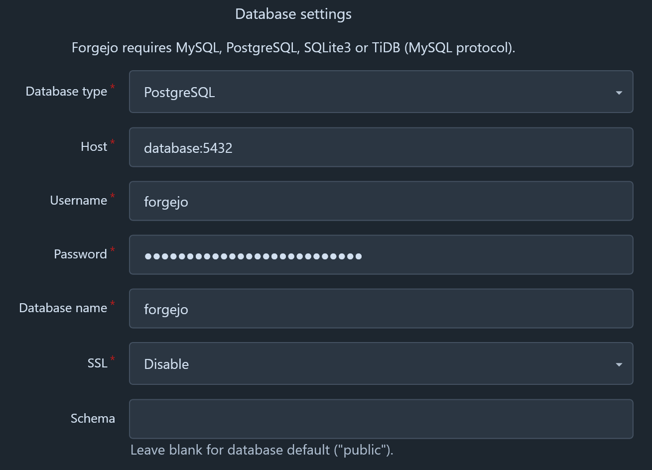 Database Settings Screenshot of the Forgejo Setup Wizard Database Settings