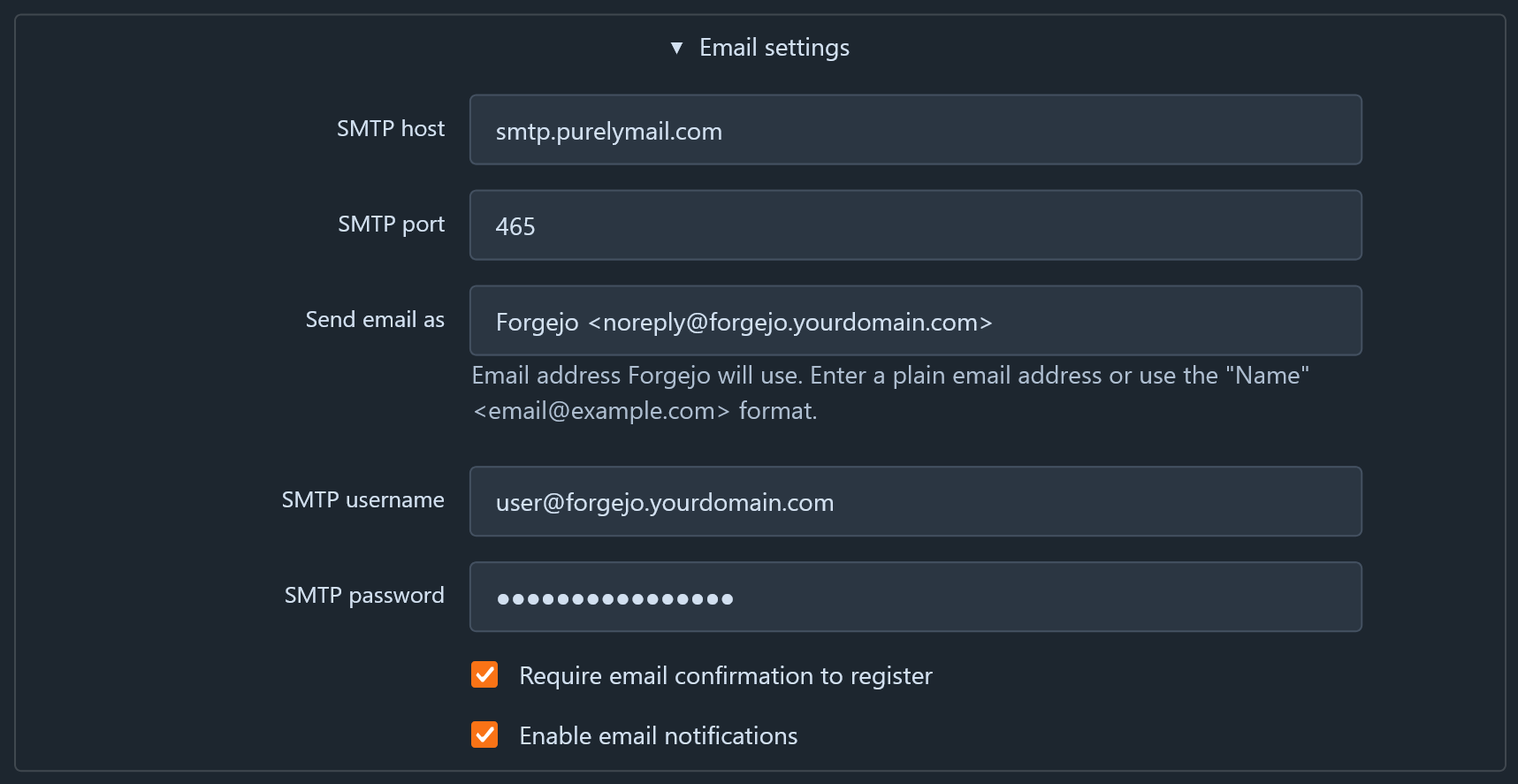 Email Settings Screenshot of the Forgejo Setup Wizard Email Settings