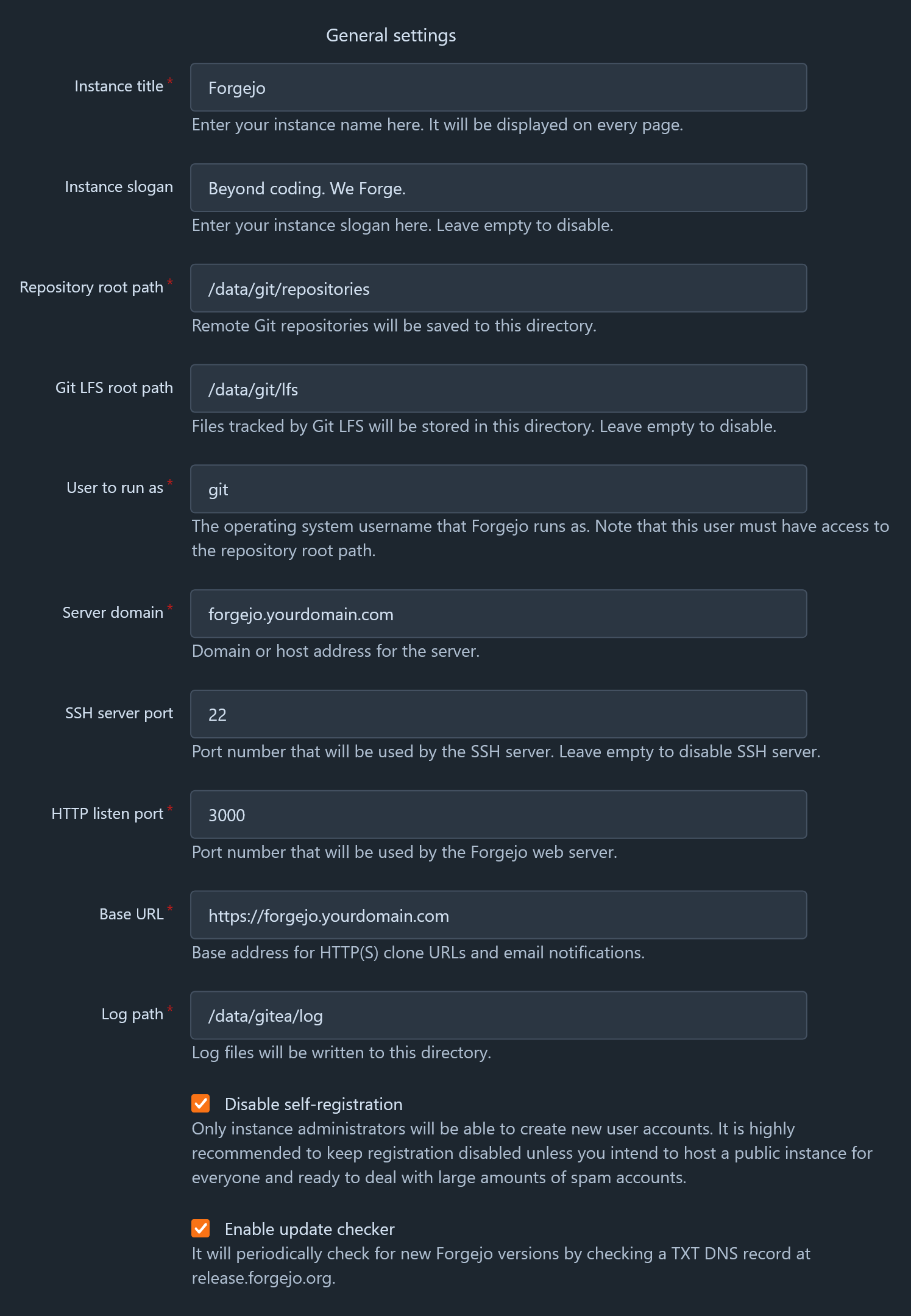 General Settings Screenshot of the Forgejo Setup Wizard General Settings